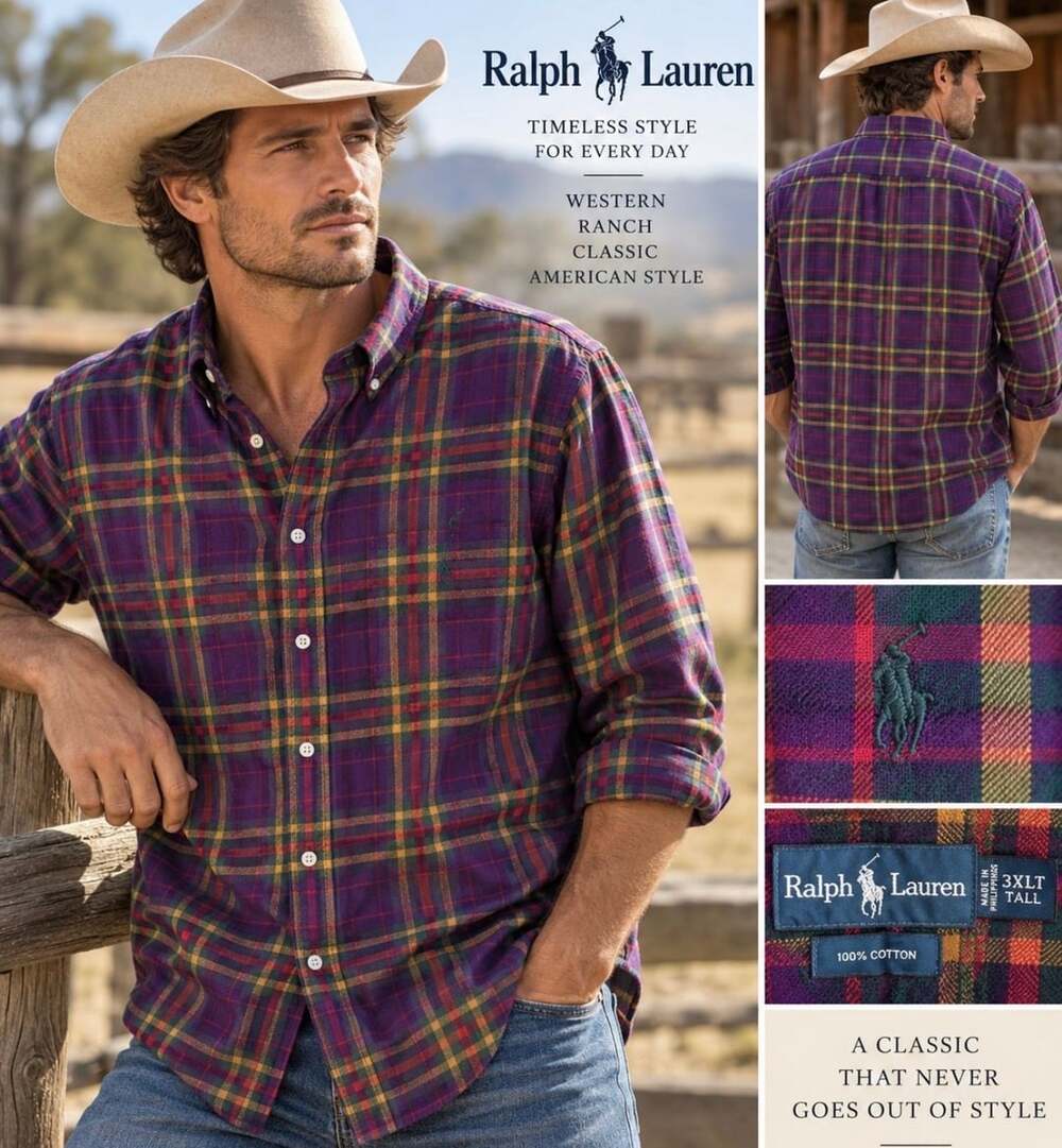 Ralph Lauren 3XLT Tall Plaid Flannel Shirt 100% Cotton Purple Green Red Pony
